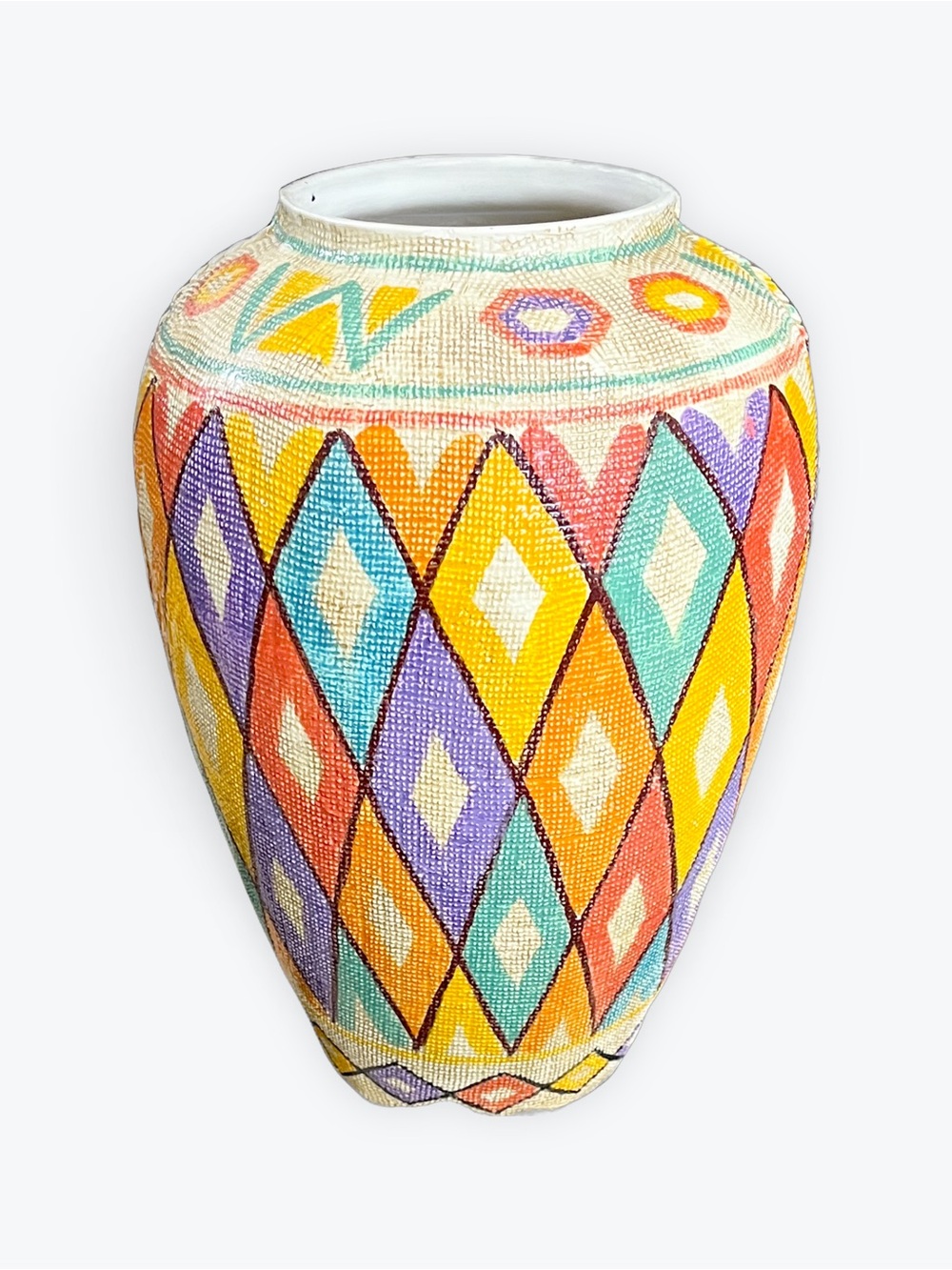Vintage Pier 1 Colorful Diamond Pattern Ceramic Vase Handpainted in Italy
